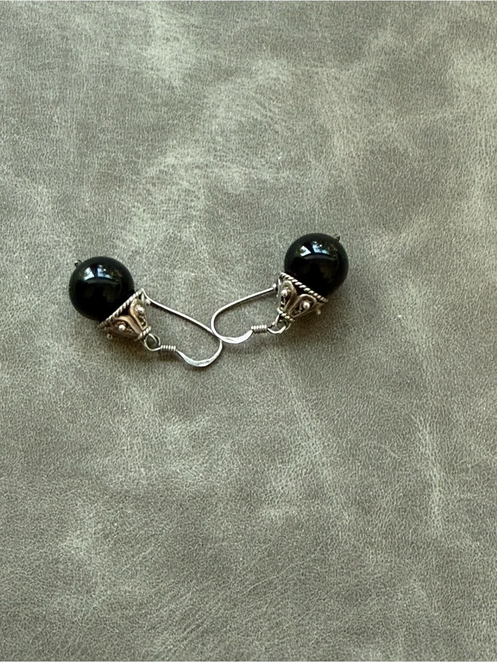 Vintage Black Bead Drop Earrings with Silver Accents